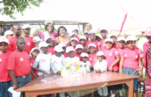 Children and volunteers at a Valentine's celebration
